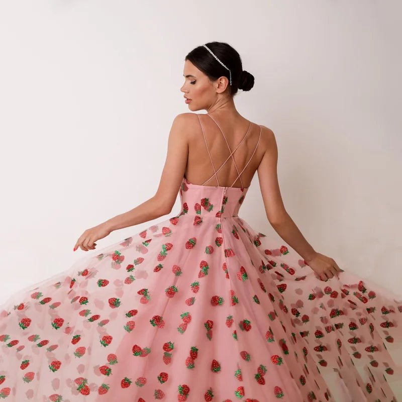 Summer Dress French Style Strawberry Sequined Long Mesh Dress Slimming Halter - American Thistle Summer Dress French Style Strawberry Sequined Long Mesh Dress Slimming Halter
