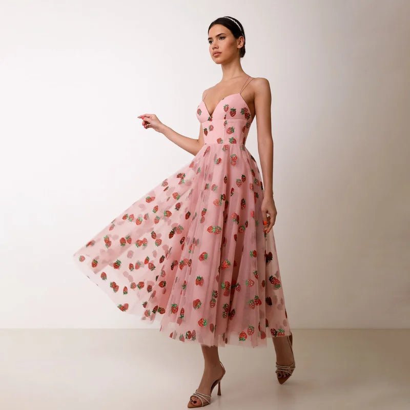 Summer Dress French Style Strawberry Sequined Long Mesh Dress Slimming Halter - American Thistle Summer Dress French Style Strawberry Sequined Long Mesh Dress Slimming Halter