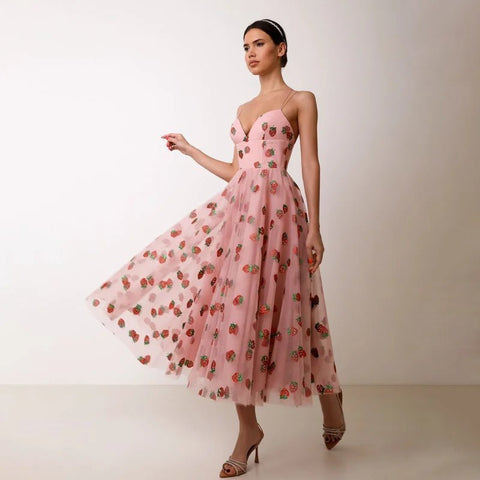 Summer Dress French Style Strawberry Sequined Long Mesh Dress Slimming Halter - American Thistle Summer Dress French Style Strawberry Sequined Long Mesh Dress Slimming Halter