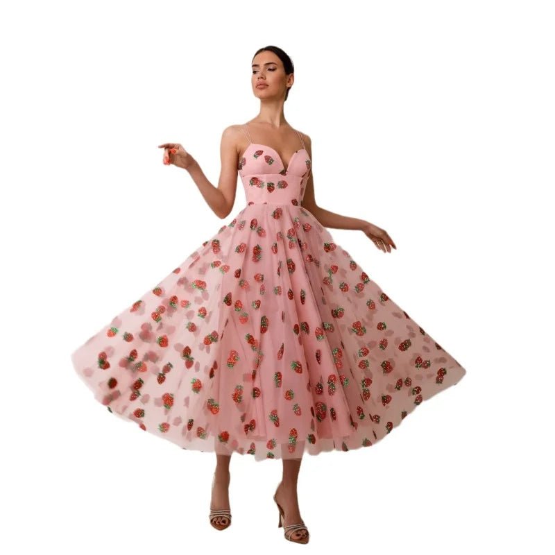 Summer Dress French Style Strawberry Sequined Long Mesh Dress Slimming Halter - American Thistle Summer Dress French Style Strawberry Sequined Long Mesh Dress Slimming Halter