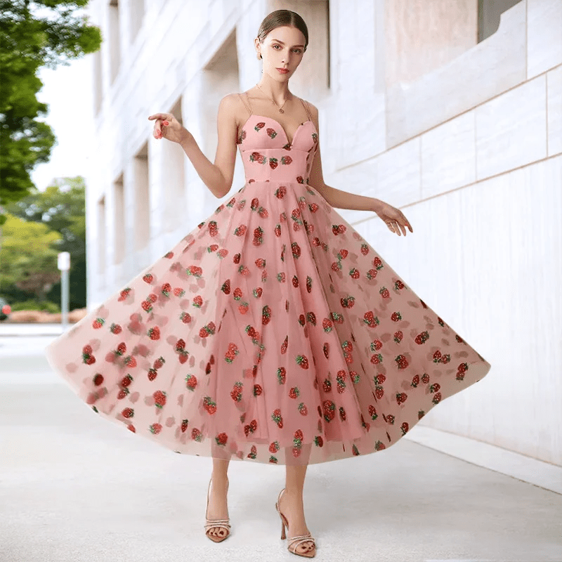 Summer Dress French Style Strawberry Sequined Long Mesh Dress Slimming Halter - American Thistle Summer Dress French Style Strawberry Sequined Long Mesh Dress Slimming Halter