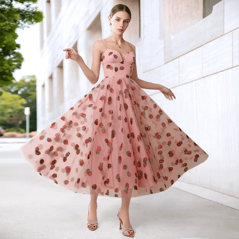 Summer Dress French Style Strawberry Sequined Long Mesh Dress Slimming Halter - American Thistle Summer Dress French Style Strawberry Sequined Long Mesh Dress Slimming Halter