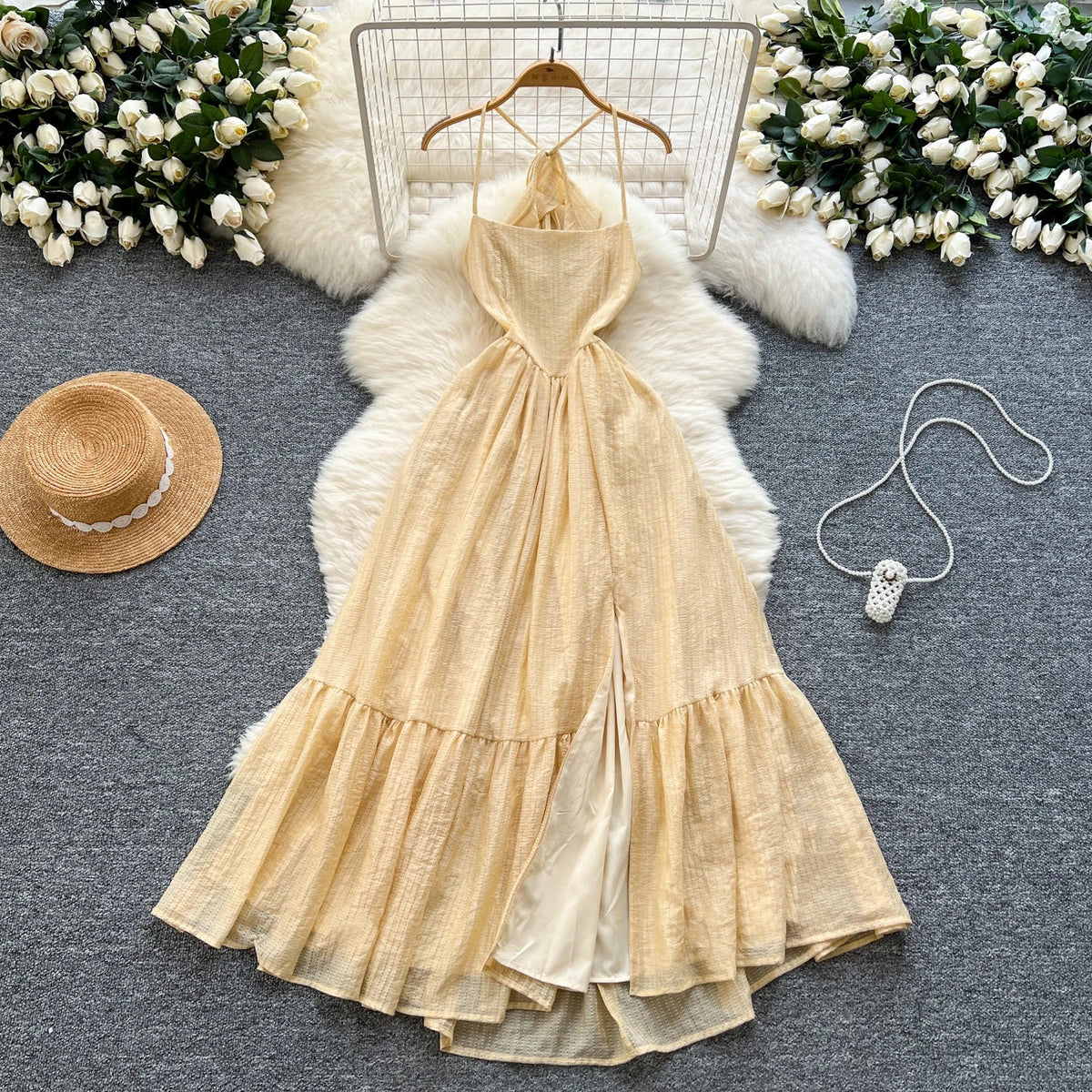 Summer Elegant Slit Slim Casual Midi Dress For Women Empire Hollow Out Backless Ruffled Lace Dress - American Thistle Summer Elegant Slit Slim Casual Midi Dress For Women Empire Hollow Out Backless Ruffled Lace Dress