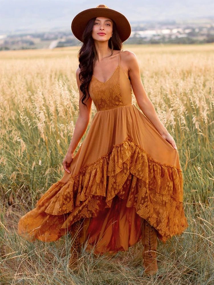 Summer Flowy Dress Sleeveless Slip Maxi Dresses Boho Styles Solid Color Lace Ruffled Sundress - American Thistle Summer Flowy Dress Sleeveless Slip Maxi Dresses Boho Styles Solid Color Lace Ruffled Sundress