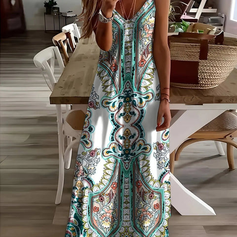 Summer Fresh Flower Print Beach Vacation Casual Suspender Dress Fashionable Casual Sleeveless Loose Suspender Long Skirt - American Thistle Summer Fresh Flower Print Beach Vacation Casual Suspender Dress Fashionable Casual Sleeveless Loose Suspender Long Skirt
