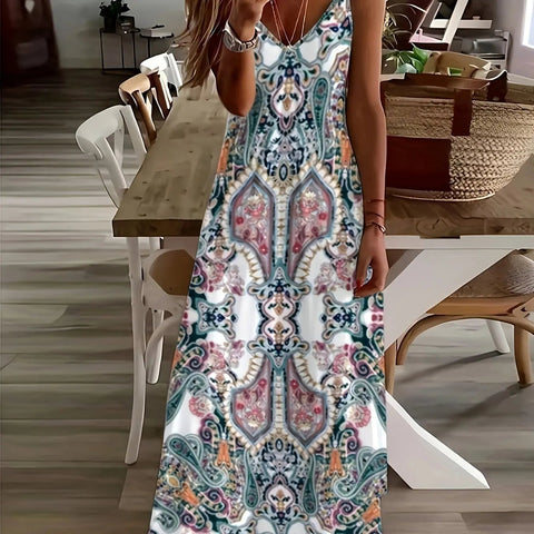 Summer Fresh Flower Print Beach Vacation Casual Suspender Dress Fashionable Casual Sleeveless Loose Suspender Long Skirt - American Thistle Summer Fresh Flower Print Beach Vacation Casual Suspender Dress Fashionable Casual Sleeveless Loose Suspender Long Skirt