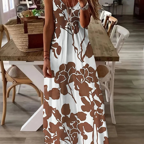 Summer Fresh Flower Print Beach Vacation Casual Suspender Dress Fashionable Casual Sleeveless Loose Suspender Long Skirt - American Thistle Summer Fresh Flower Print Beach Vacation Casual Suspender Dress Fashionable Casual Sleeveless Loose Suspender Long Skirt