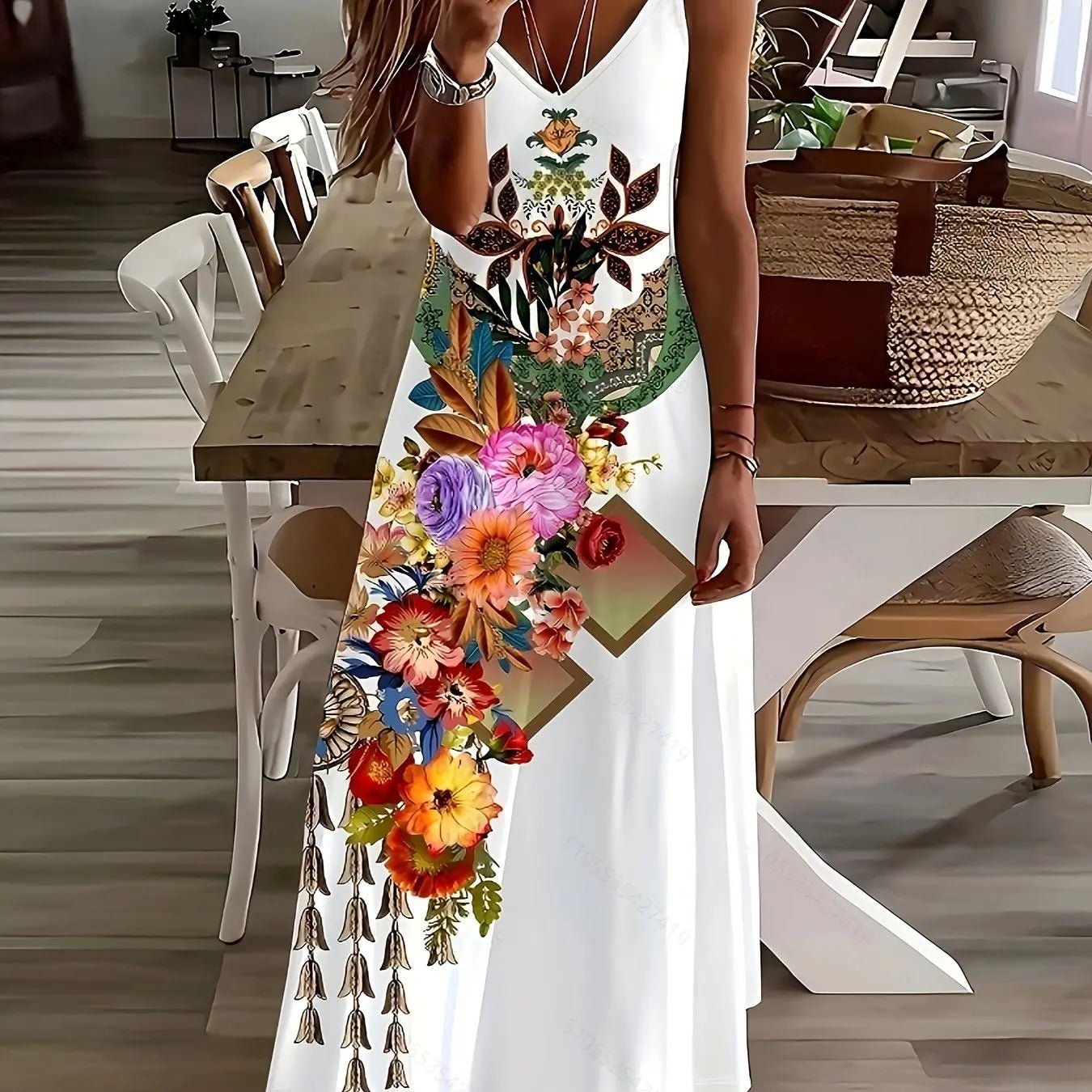 Summer Fresh Flower Print Beach Vacation Casual Suspender Dress Fashionable Casual Sleeveless Loose Suspender Long Skirt - American Thistle Summer Fresh Flower Print Beach Vacation Casual Suspender Dress Fashionable Casual Sleeveless Loose Suspender Long Skirt