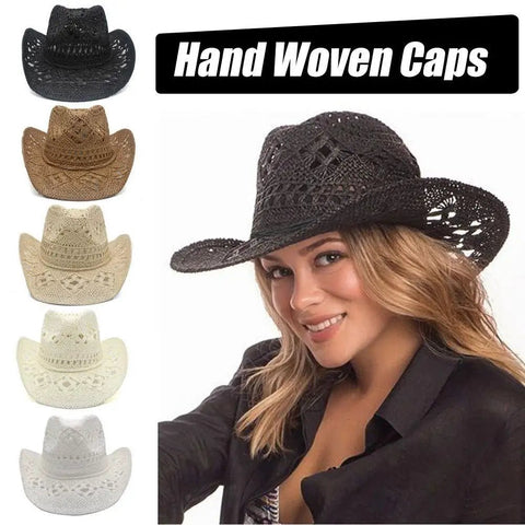 Summer Outdoor Women Hand - woven Western Cowboy Straw Hats Wide Brim Breathable - American ThistleSummer Outdoor Women Hand - woven Western Cowboy Straw Hats Wide Brim Breathable