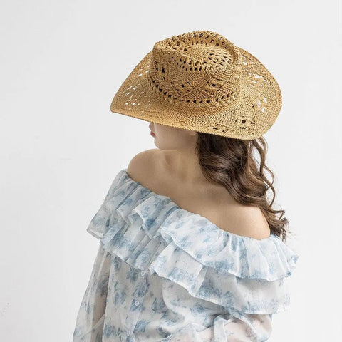 Summer Outdoor Women Hand - woven Western Cowboy Straw Hats Wide Brim Breathable - American ThistleSummer Outdoor Women Hand - woven Western Cowboy Straw Hats Wide Brim Breathable