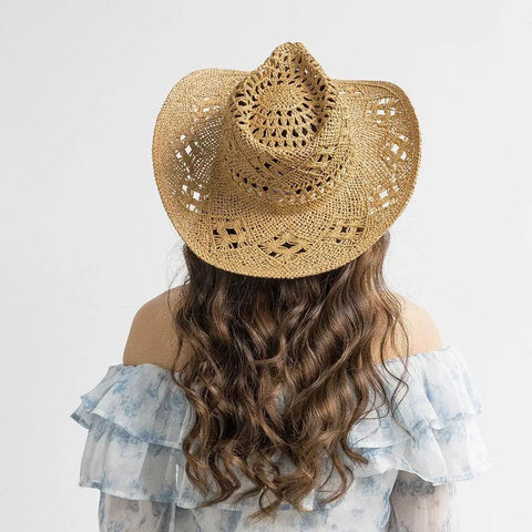 Summer Outdoor Women Hand - woven Western Cowboy Straw Hats Wide Brim Breathable - American ThistleSummer Outdoor Women Hand - woven Western Cowboy Straw Hats Wide Brim Breathable