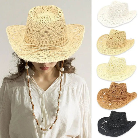 Summer Outdoor Women Hand - woven Western Cowboy Straw Hats Wide Brim Breathable - American ThistleSummer Outdoor Women Hand - woven Western Cowboy Straw Hats Wide Brim Breathable