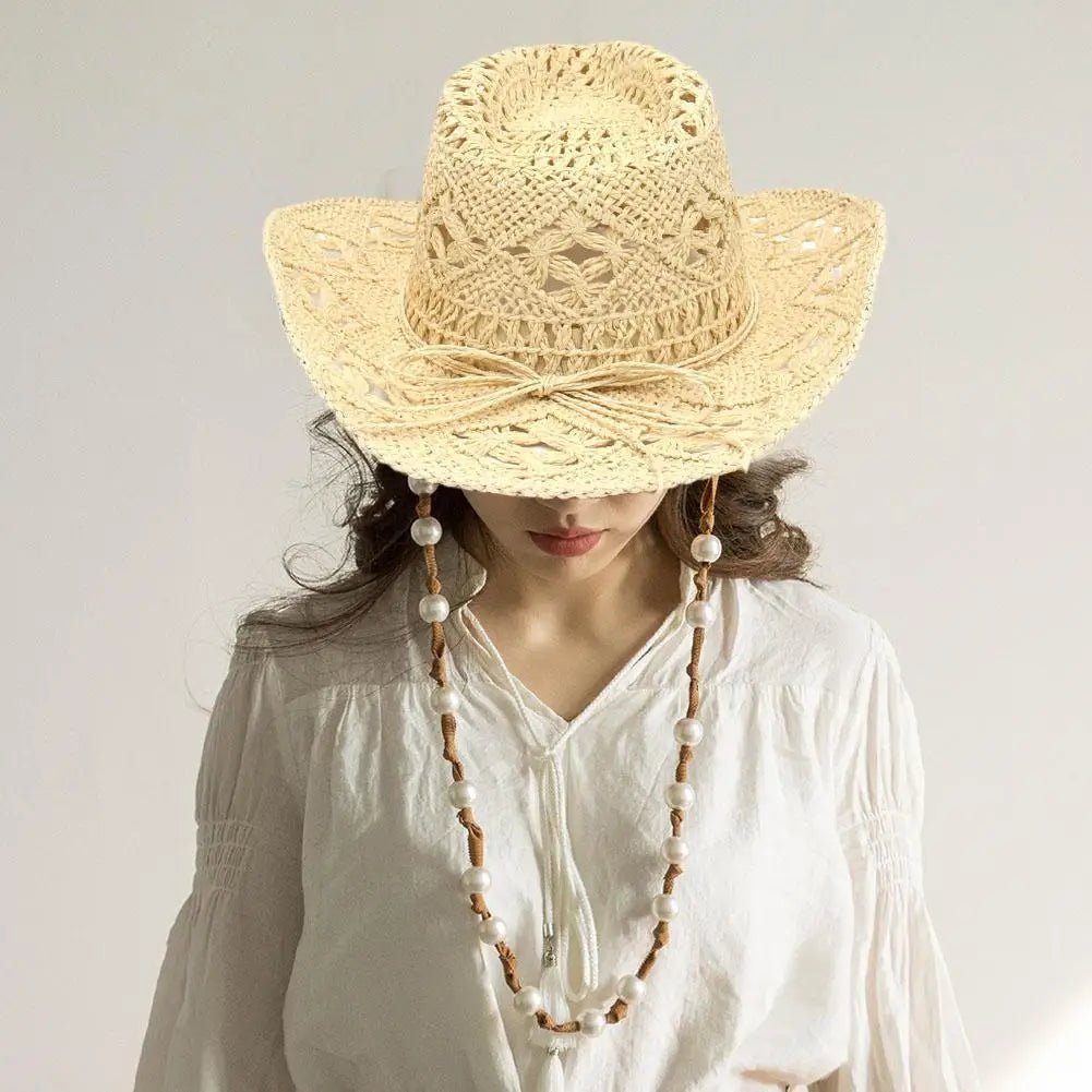 Summer Outdoor Women Hand - woven Western Cowboy Straw Hats Wide Brim Breathable - American ThistleSummer Outdoor Women Hand - woven Western Cowboy Straw Hats Wide Brim Breathable