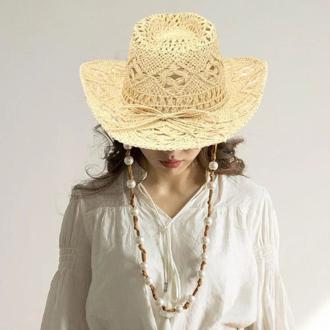 Summer Outdoor Women Hand - woven Western Cowboy Straw Hats Wide Brim Breathable - American ThistleSummer Outdoor Women Hand - woven Western Cowboy Straw Hats Wide Brim Breathable
