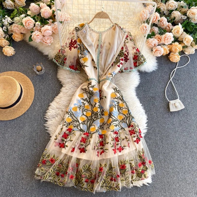 Summer Spring Dress Women's Flare Sleeve Floral Embroidery Elegant Mesh Hollow Out Midi Dresses - American Thistle Summer Spring Dress Women's Flare Sleeve Floral Embroidery Elegant Mesh Hollow Out Midi Dresses