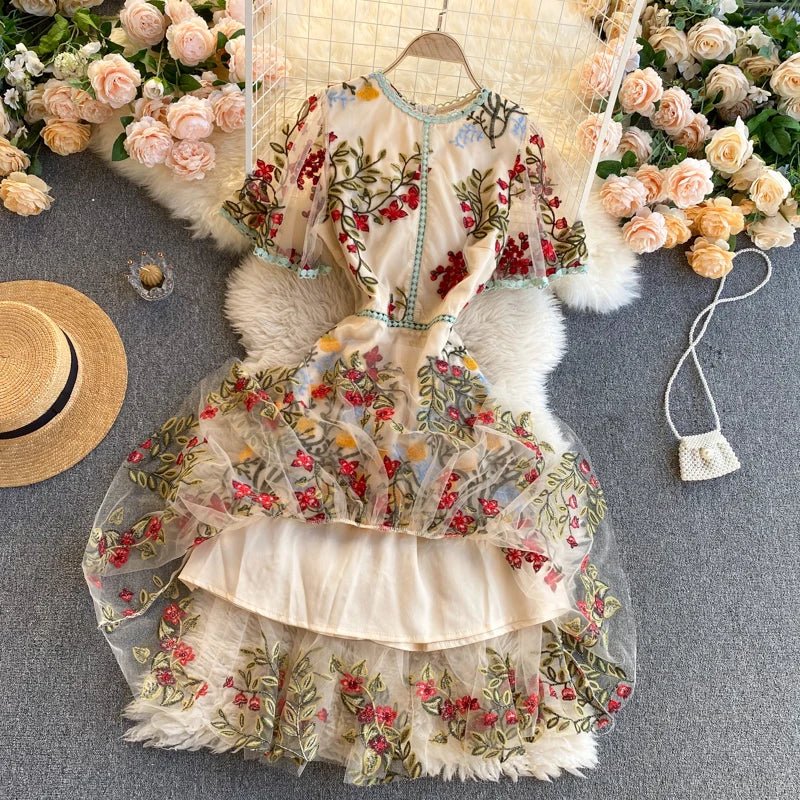 Summer Spring Dress Women's Flare Sleeve Floral Embroidery Elegant Mesh Hollow Out Midi Dresses - American Thistle Summer Spring Dress Women's Flare Sleeve Floral Embroidery Elegant Mesh Hollow Out Midi Dresses