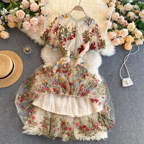 Summer Spring Dress Women's Flare Sleeve Floral Embroidery Elegant Mesh Hollow Out Midi Dresses - American Thistle Summer Spring Dress Women's Flare Sleeve Floral Embroidery Elegant Mesh Hollow Out Midi Dresses