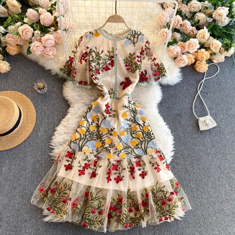 Summer Spring Dress Women's Flare Sleeve Floral Embroidery Elegant Mesh Hollow Out Midi Dresses - American Thistle Summer Spring Dress Women's Flare Sleeve Floral Embroidery Elegant Mesh Hollow Out Midi Dresses
