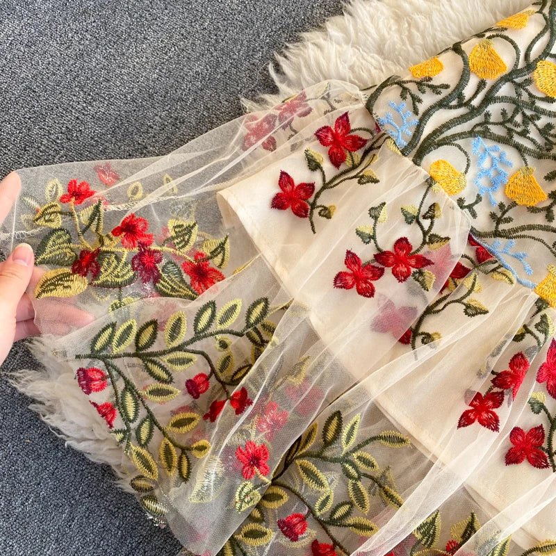 Summer Spring Dress Women's Flare Sleeve Floral Embroidery Elegant Mesh Hollow Out Midi Dresses - American Thistle Summer Spring Dress Women's Flare Sleeve Floral Embroidery Elegant Mesh Hollow Out Midi Dresses