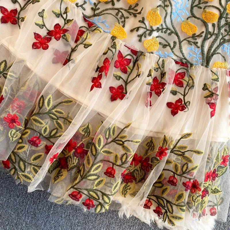 Summer Spring Dress Women's Flare Sleeve Floral Embroidery Elegant Mesh Hollow Out Midi Dresses - American Thistle Summer Spring Dress Women's Flare Sleeve Floral Embroidery Elegant Mesh Hollow Out Midi Dresses