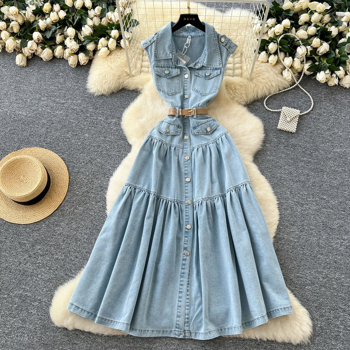 Summer Turn - down Collar Tunic Slim Pleated Dress For Women Sleeveless Denim Dress - American Thistle Summer Turn - down Collar Tunic Slim Pleated Dress For Women Sleeveless Denim Dress