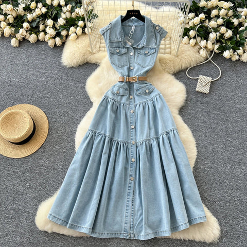 Summer Turn - down Collar Tunic Slim Pleated Dress For Women Sleeveless Denim Dress - American Thistle Summer Turn - down Collar Tunic Slim Pleated Dress For Women Sleeveless Denim Dress