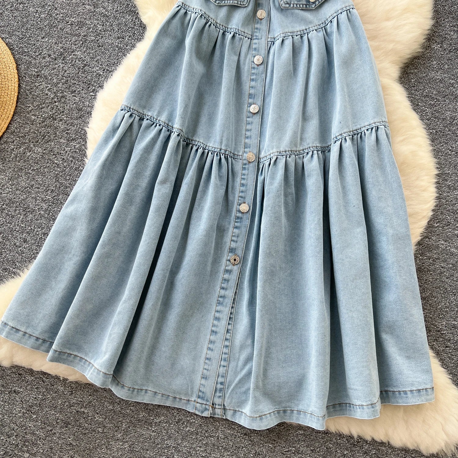 Summer Turn - down Collar Tunic Slim Pleated Dress For Women Sleeveless Denim Dress - American Thistle Summer Turn - down Collar Tunic Slim Pleated Dress For Women Sleeveless Denim Dress