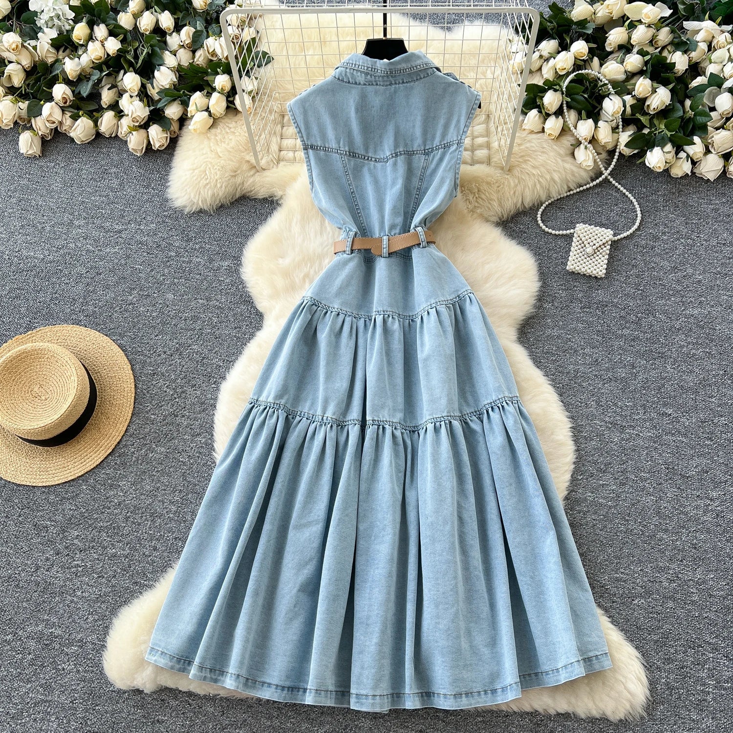 Summer Turn - down Collar Tunic Slim Pleated Dress For Women Sleeveless Denim Dress - American Thistle Summer Turn - down Collar Tunic Slim Pleated Dress For Women Sleeveless Denim Dress