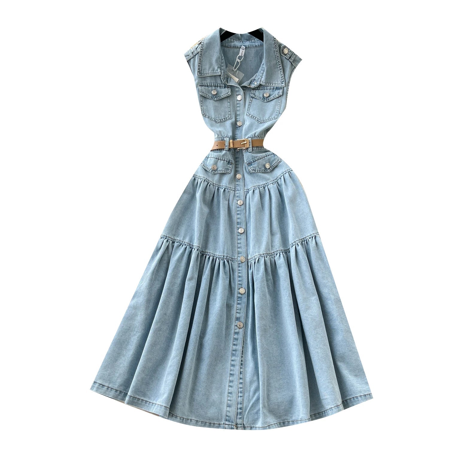 Summer Turn - down Collar Tunic Slim Pleated Dress For Women Sleeveless Denim Dress - American Thistle Summer Turn - down Collar Tunic Slim Pleated Dress For Women Sleeveless Denim Dress