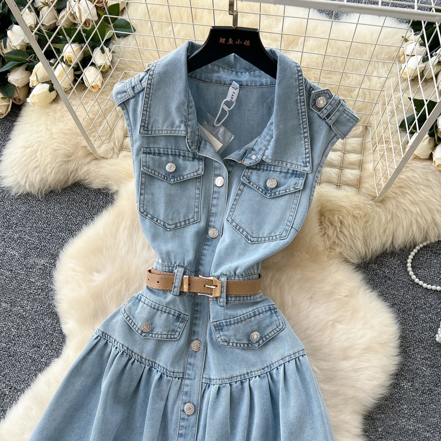 Summer Turn - down Collar Tunic Slim Pleated Dress For Women Sleeveless Denim Dress - American Thistle Summer Turn - down Collar Tunic Slim Pleated Dress For Women Sleeveless Denim Dress