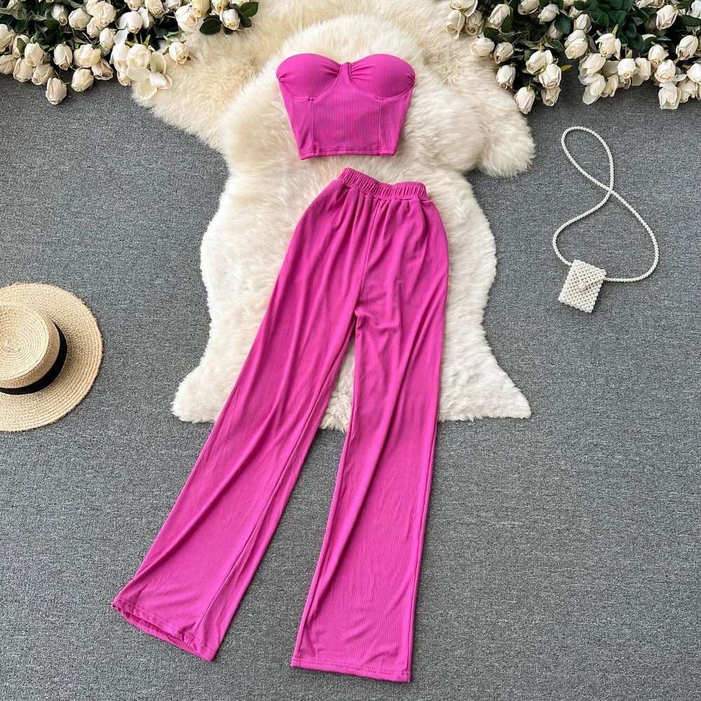 Summer Two - Piece Set Strapless Bustier Tank Top Women High Waist Casual with Loose Trousers - American Thistle Summer Two - Piece Set Strapless Bustier Tank Top Women High Waist Casual with Loose Trousers