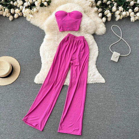 Summer Two - Piece Set Strapless Bustier Tank Top Women High Waist Casual with Loose Trousers - American Thistle Summer Two - Piece Set Strapless Bustier Tank Top Women High Waist Casual with Loose Trousers