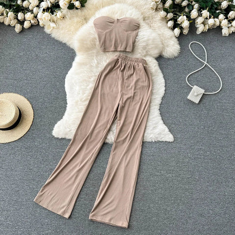 Summer Two - Piece Set Strapless Bustier Tank Top Women High Waist Casual with Loose Trousers - American Thistle Summer Two - Piece Set Strapless Bustier Tank Top Women High Waist Casual with Loose Trousers