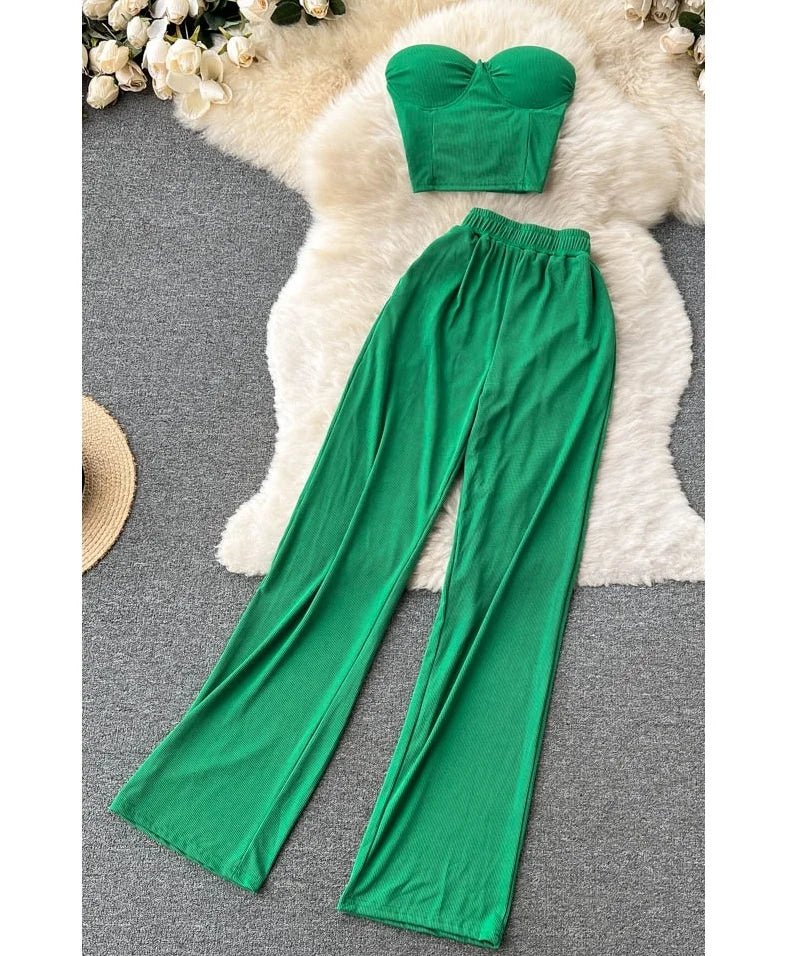 Summer Two - Piece Set Strapless Bustier Tank Top Women High Waist Casual with Loose Trousers - American Thistle Summer Two - Piece Set Strapless Bustier Tank Top Women High Waist Casual with Loose Trousers