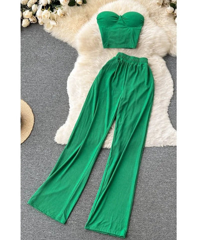 Summer Two - Piece Set Strapless Bustier Tank Top Women High Waist Casual with Loose Trousers - American Thistle Summer Two - Piece Set Strapless Bustier Tank Top Women High Waist Casual with Loose Trousers