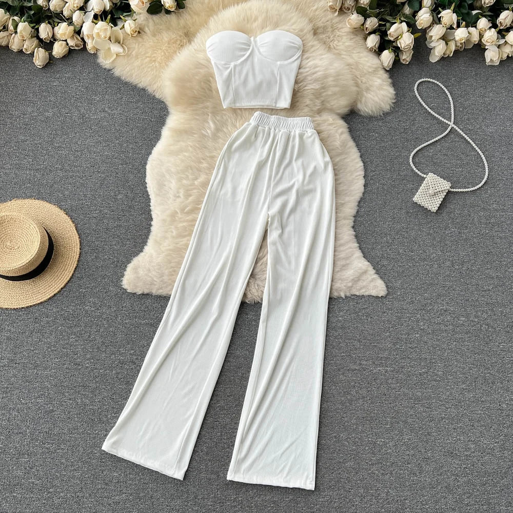 Summer Two - Piece Set Strapless Bustier Tank Top Women High Waist Casual with Loose Trousers - American Thistle Summer Two - Piece Set Strapless Bustier Tank Top Women High Waist Casual with Loose Trousers