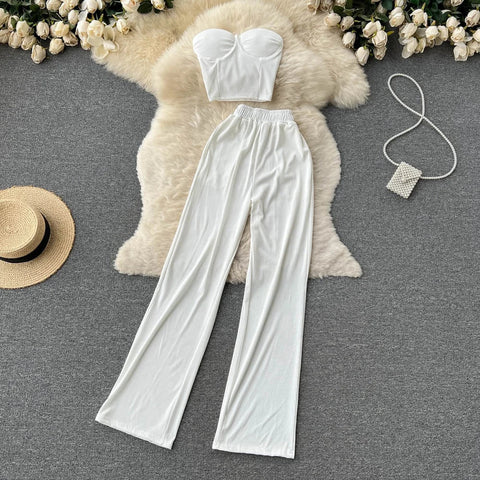 Summer Two - Piece Set Strapless Bustier Tank Top Women High Waist Casual with Loose Trousers - American Thistle Summer Two - Piece Set Strapless Bustier Tank Top Women High Waist Casual with Loose Trousers