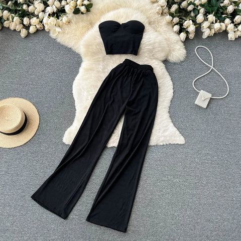Summer Two - Piece Set Strapless Bustier Tank Top Women High Waist Casual with Loose Trousers - American Thistle Summer Two - Piece Set Strapless Bustier Tank Top Women High Waist Casual with Loose Trousers