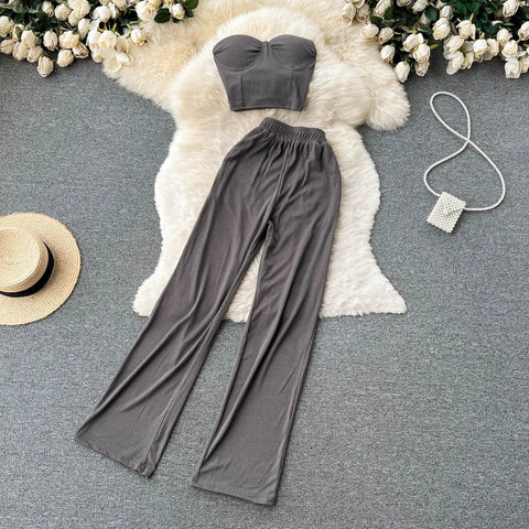 Summer Two - Piece Set Strapless Bustier Tank Top Women High Waist Casual with Loose Trousers - American Thistle Summer Two - Piece Set Strapless Bustier Tank Top Women High Waist Casual with Loose Trousers