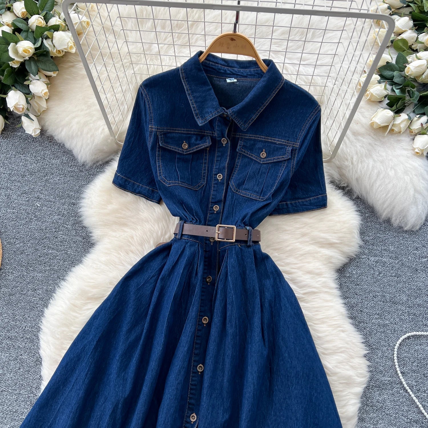 Summer Vintage Turn - down Collar Tunic Shirt Midi Dress For Women Empire Denim Dress - American Thistle Summer Vintage Turn - down Collar Tunic Shirt Midi Dress For Women Empire Denim Dress