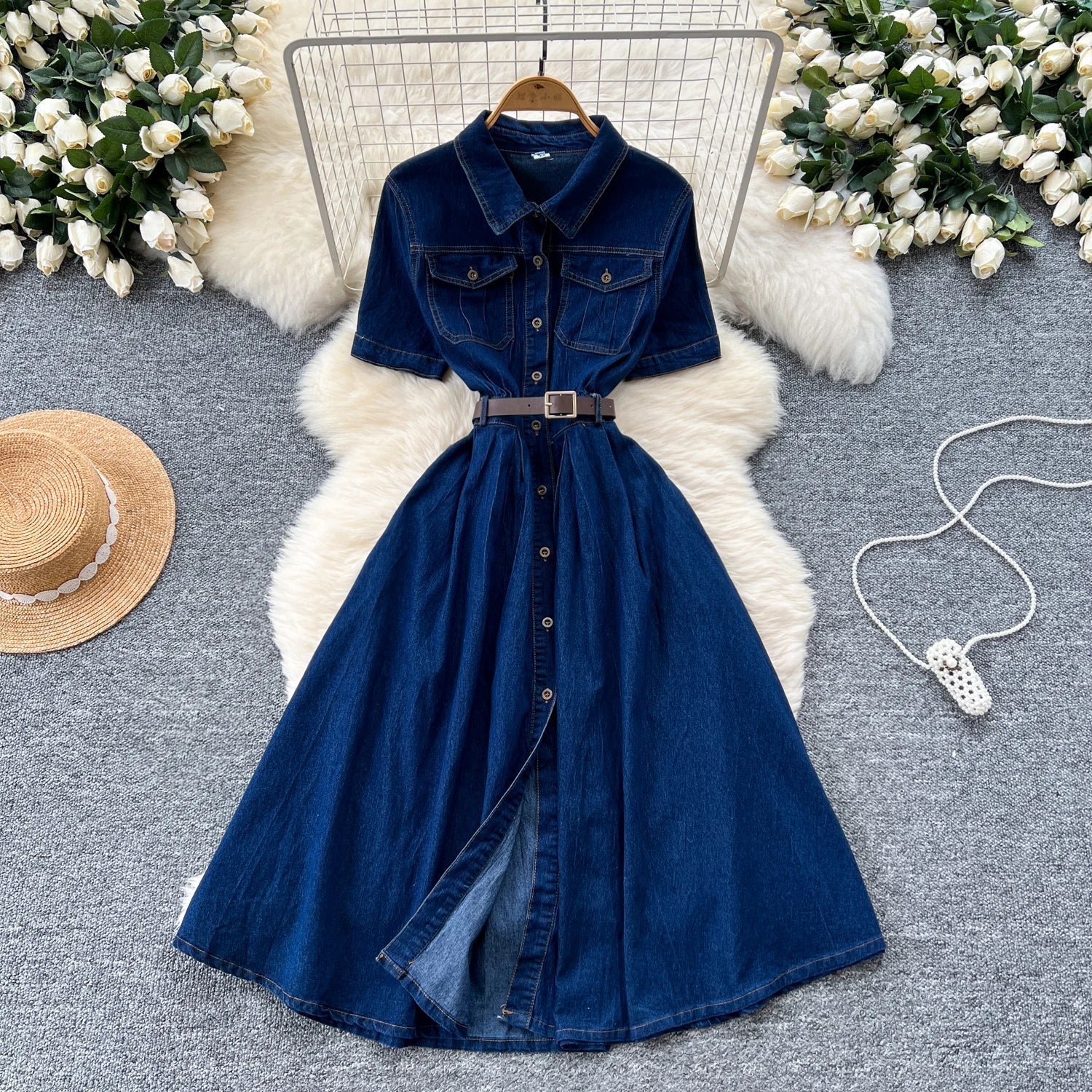 Summer Vintage Turn - down Collar Tunic Shirt Midi Dress For Women Empire Denim Dress - American Thistle Summer Vintage Turn - down Collar Tunic Shirt Midi Dress For Women Empire Denim Dress