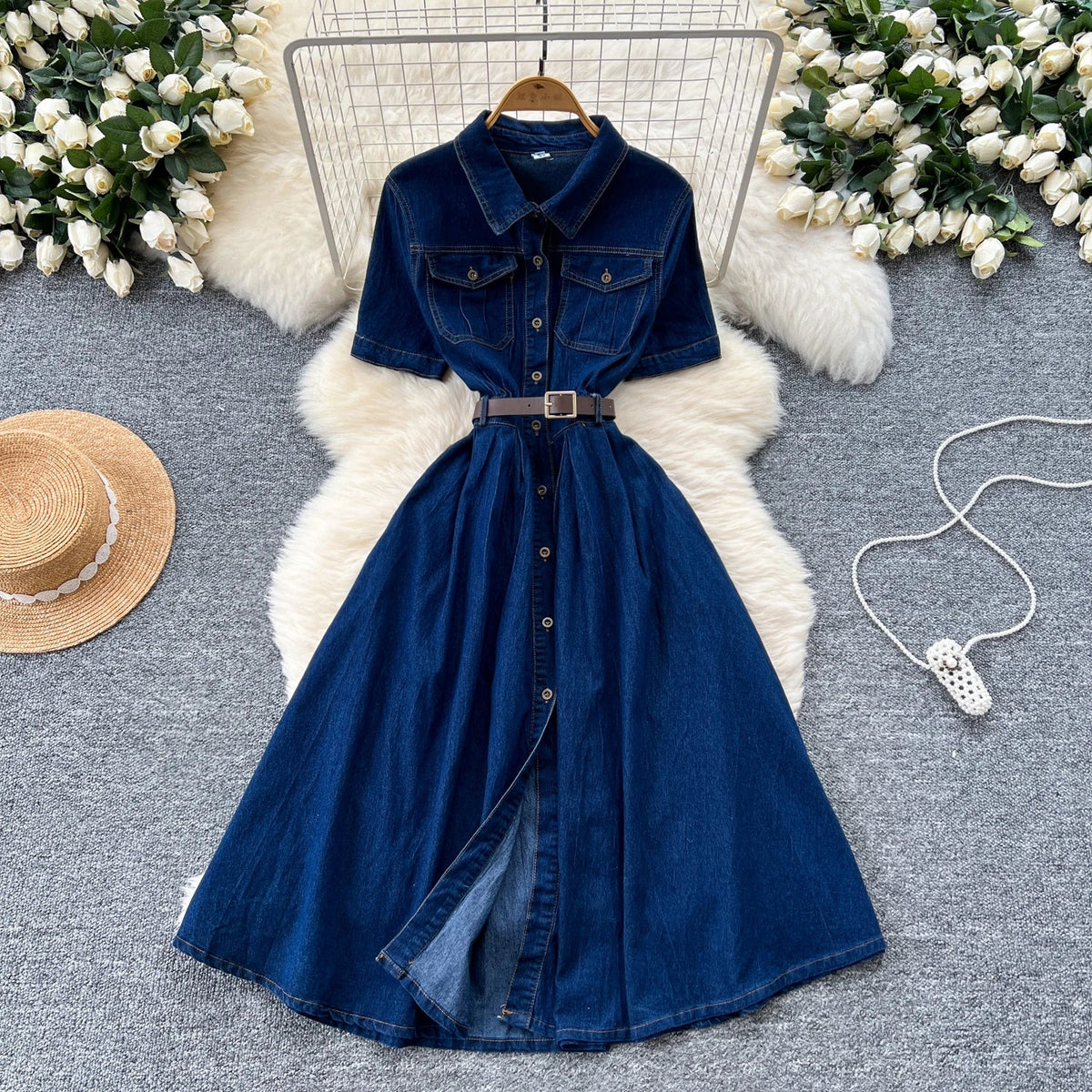 Summer Vintage Turn - down Collar Tunic Shirt Midi Dress For Women Empire Denim Dress - American Thistle Summer Vintage Turn - down Collar Tunic Shirt Midi Dress For Women Empire Denim Dress