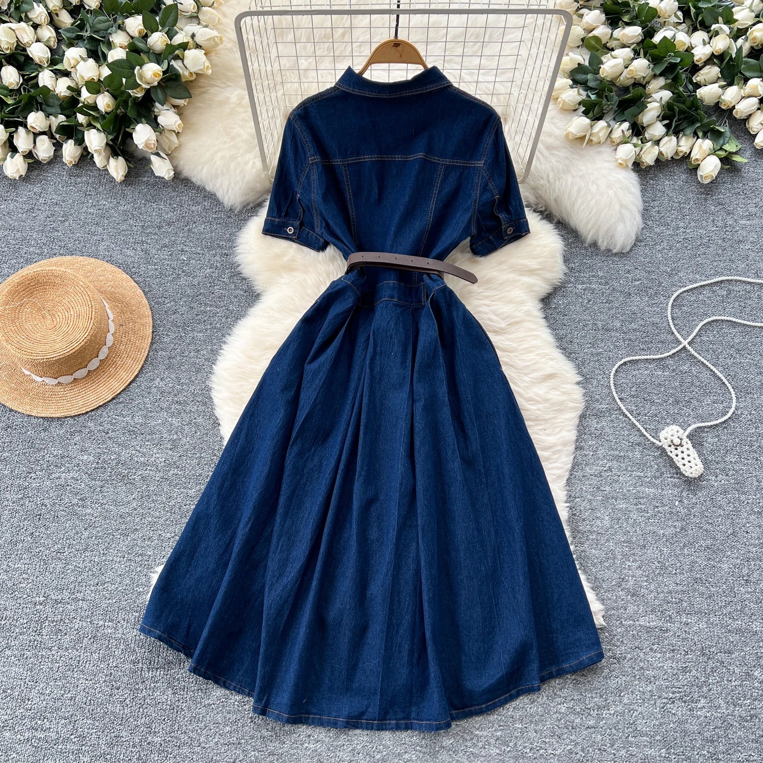 Summer Vintage Turn - down Collar Tunic Shirt Midi Dress For Women Empire Denim Dress - American Thistle Summer Vintage Turn - down Collar Tunic Shirt Midi Dress For Women Empire Denim Dress