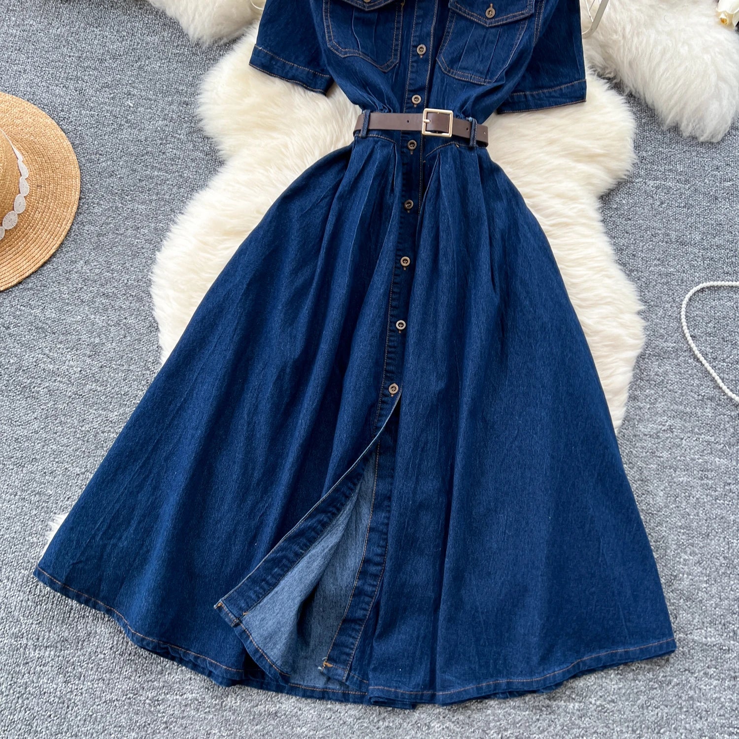Summer Vintage Turn - down Collar Tunic Shirt Midi Dress For Women Empire Denim Dress - American Thistle Summer Vintage Turn - down Collar Tunic Shirt Midi Dress For Women Empire Denim Dress