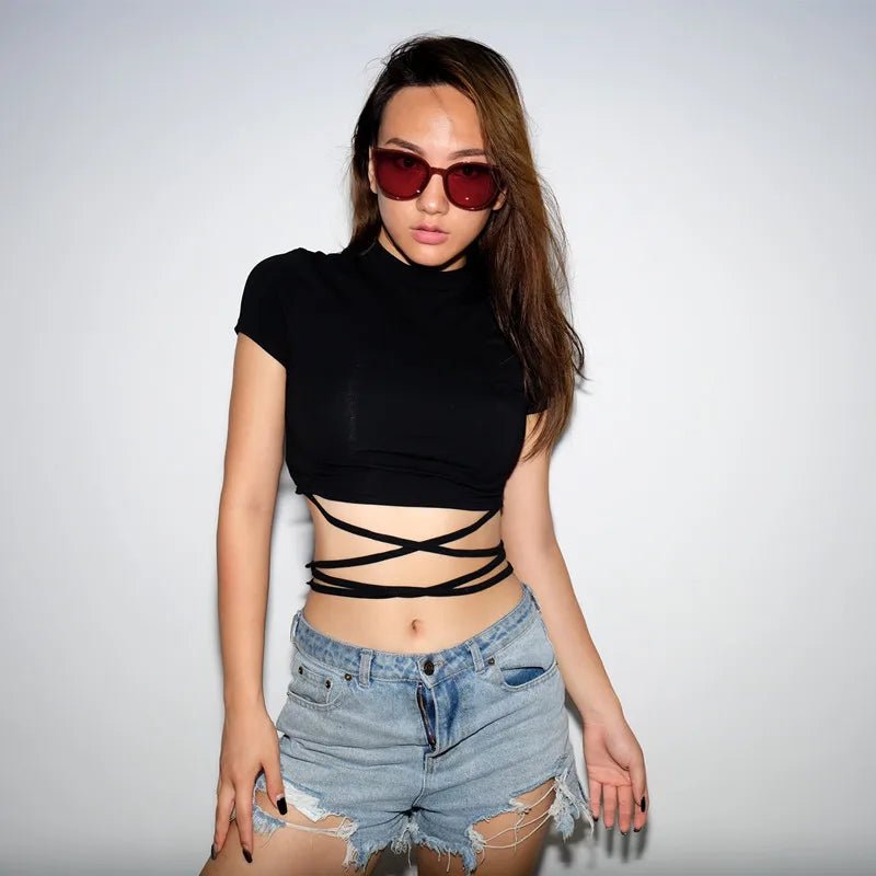 Summer Women Black Short T-Shirts Sexy Crop Tops Short Sleeve Bandage Tee Tops Female Shirts with String Wrap - American Thistle Summer Women Black Short T-Shirts Sexy Crop Tops Short Sleeve Bandage Tee Tops Female Shirts with String Wrap
