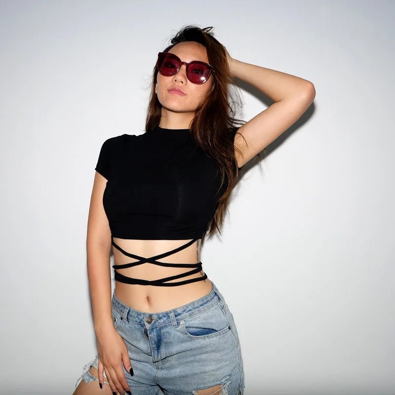 Summer Women Black Short T-Shirts Sexy Crop Tops Short Sleeve Bandage Tee Tops Female Shirts with String Wrap - American Thistle Summer Women Black Short T-Shirts Sexy Crop Tops Short Sleeve Bandage Tee Tops Female Shirts with String Wrap