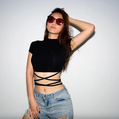 Summer Women Black Short T-Shirts Sexy Crop Tops Short Sleeve Bandage Tee Tops Female Shirts with String Wrap - American Thistle Summer Women Black Short T-Shirts Sexy Crop Tops Short Sleeve Bandage Tee Tops Female Shirts with String Wrap