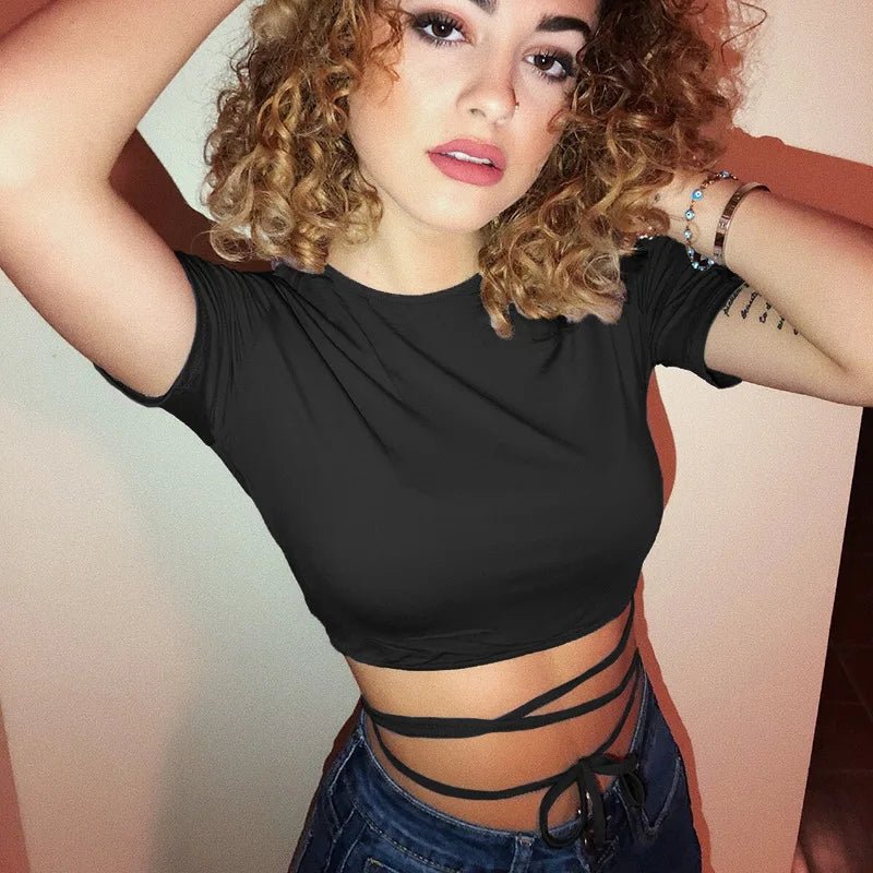 Summer Women Black Short T-Shirts Sexy Crop Tops Short Sleeve Bandage Tee Tops Female Shirts with String Wrap - American Thistle Summer Women Black Short T-Shirts Sexy Crop Tops Short Sleeve Bandage Tee Tops Female Shirts with String Wrap