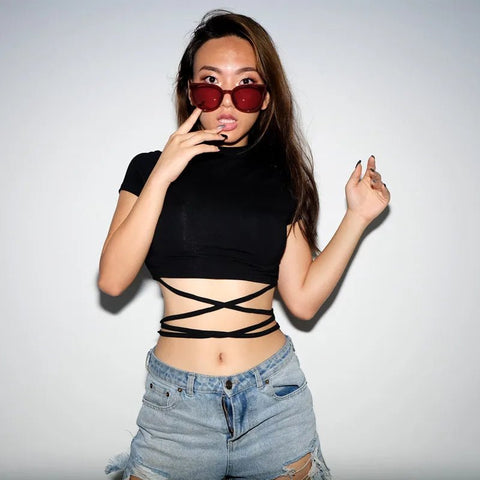 Summer Women Black Short T-Shirts Sexy Crop Tops Short Sleeve Bandage Tee Tops Female Shirts with String Wrap - American Thistle Summer Women Black Short T-Shirts Sexy Crop Tops Short Sleeve Bandage Tee Tops Female Shirts with String Wrap