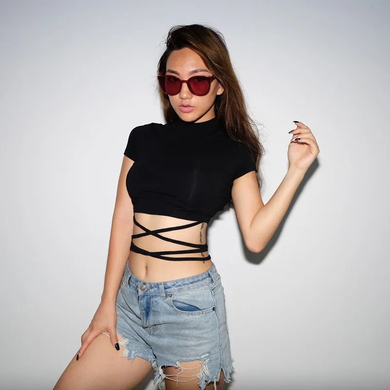 Summer Women Black Short T-Shirts Sexy Crop Tops Short Sleeve Bandage Tee Tops Female Shirts with String Wrap - American Thistle Summer Women Black Short T-Shirts Sexy Crop Tops Short Sleeve Bandage Tee Tops Female Shirts with String Wrap